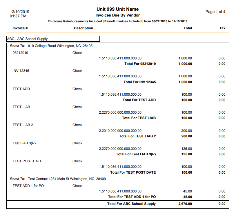 sample invoices due report